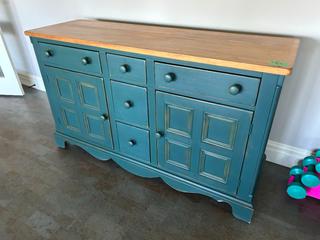Assorted Painted Wood Household Furniture c/w Sideboard/Buffet Cabinet w/ Natural Wood Top, Open Bookshelf, (2) Nesting/Side Tables, Decorative Framed Wall Mirror & Windsor-Style Wood Chair