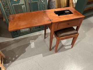 Vintage Singer Model 99K Electric Sewing Machine, Serial No. EL664380, c/w Folding Wood Sewing Cabinet/Table, Foot Pedal, Accessories & Matching Stool.