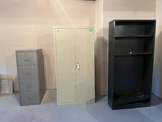 Assorted Office Storage Furniture c/w 4-Drawer Vertical Steel Filing Cabinet, Locking Double-Door Steel Storage Cabinet w/ Adjustable Shelves & Black Open Bookcase/Shelving Unit.