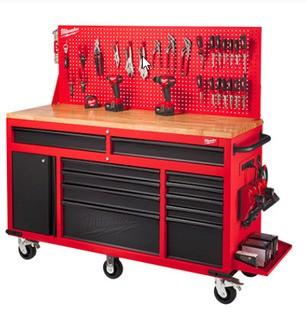 Milwaukee Tool?60-Inch 11-Drawer Mobile Workbench in Red and Black w/ Adjustable Height Pegboard Wall