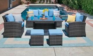 Honey 6 Piece Rattan Sofa Seating Group with Cushions Grey/Blue