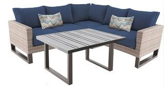 Hampton Bay?Park Heights Tan 4-Piece Wicker Outdoor Patio Sectional with Navy Cushions