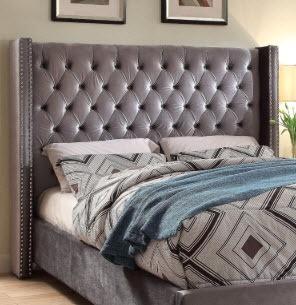 Aiden Grey Velvet Headboard/Slats Only, Queen