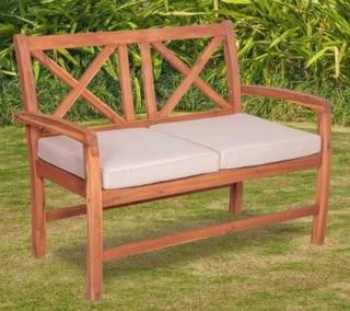 X-Back Outdoor Wood Patio Bench with Cushions in Brown