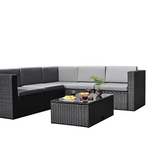 Sky Patio 4 Pieces Outdoor Furniture Complete Patio Wicker Rattan Garden Corner Sofa Couch Set, Black (B1035-BL)