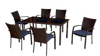 THD?Delaronde Dark Brown Wicker Patio Chaits with Navy Seat Pad, Table Not Included 