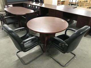 Round Wooden Table 42" c/w (2) Leather Office Chairs.