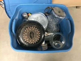 Lot of Assorted Housewares c/w Frying Pans and Glass Serving Dishes