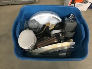 Lot of Assorted Housewares c/w Canisters, Utensils, and Covered Platter