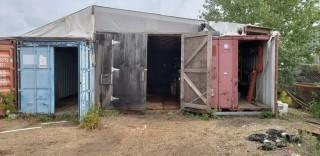 (2) 8' X 40' Storage Containers C/w 12' X 38' Wooden Storage Shed. SN T0LU2074067, SN CYLU4952442 *Buyer Responsible For Load Out* * Available to Be Picked Up After August 8*