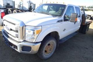 2011 Ford F-350 4X4 Dually Super Duty Crew Cab Pick Up C/W 6.7 Power Stroke Diesel, A/T, A/C, 9'6" Flat Deck, 5th Wheel Plate, Showing 276,466 KMS. VIN 1FD8W3HT0BEC22864