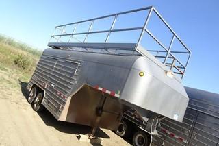 2008 Millcosteel 14' Van Trailer C/W 8' x 20' Roof Platform, Gooseneck, Storage Cabinets, Electrified, 215/75R17.5 Tires. VIN 2T9PF142486004006 