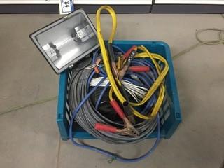 Lot of (2) Outdoor Halogen Lights, Extension Cord & Booster Cables.