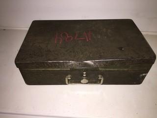 Antique Metal Box Containing Chain Hand Drill & Bits. 