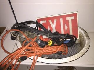 Lot of Extension Cords, Work Light & Exit Sign.