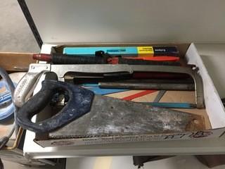 Lot of Jack Handles, Hand Saw & Hack Saw with Blades.