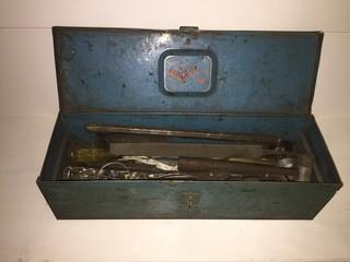 Metal Tool Box Containing Hammers, Files and Hand Tools.