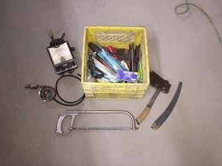 Lot of Assorted Cutting Tools, Blades, Fuel Pump Tester & Regulator Tester Etc.
