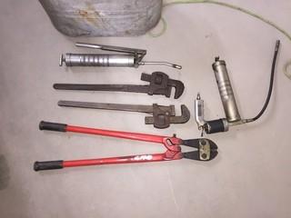 Lot of Pipe Wrenches, Grease Guns Etc.