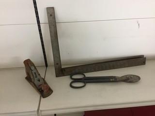 Lot of (3) Squares, Hand Planer & Tin Snips.
