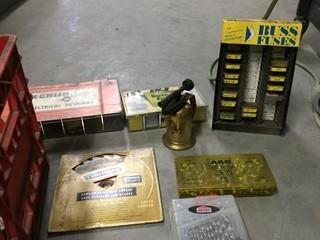 Lot of Assorted Electrical Fuses, Bushings, Saw Blades & Drill Bits.