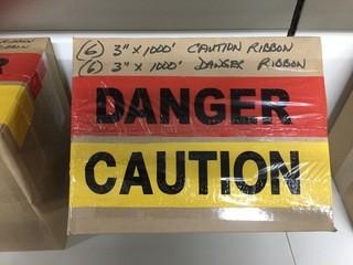 Lot of (6) 3"x 1000' Red Danger Ribbon & (6) 3"x 1000' Yellow Caution Ribbon.