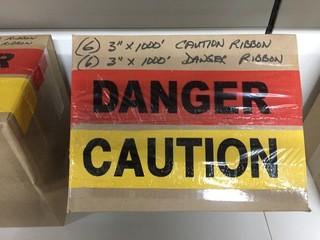 Lot of (6) 3"x 1000' Red Danger Ribbon & (6) 3"x 1000' Yellow Caution Ribbon.