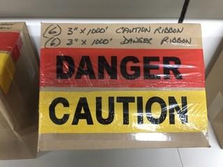 Lot of (6) 3"x 1000' Red Danger Ribbon & (6) 3"x 1000' Yellow Caution Ribbon.