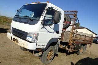2006 Mitsubishi Fuso 4x4 Flat Deck Truck C/W Diesel, 5 Speed, 13' Deck With Power Tailgate, Rear Hitch Receiver, Duals 235/85R16 Tires, Showing 300,861 KMS. VIN JL6BEE1S66K008146 
