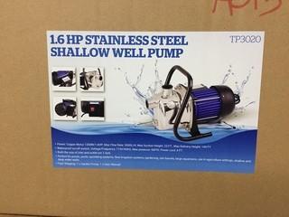 1.6HP Stainless Steel Shallow Well Pump, New.