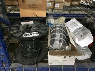 Lot of Assorted Electrical Wire, Light Bulbs, Metal Fixture, Etc.