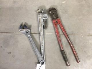 Lot of (1) Pipe Wrench, (1) Crescent Wrench & (1) Bolt Cutter.