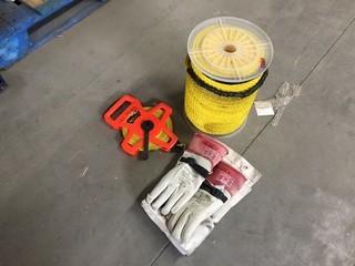 Lot of Measuring Wheel, Rope & Protective Gloves.