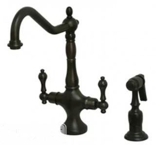 Kingston Brass Heritage Double Handle Kitchen Faucet with Optional Side Spray - Oil Rub Bronze (KBBB2045_11175534_11175533)