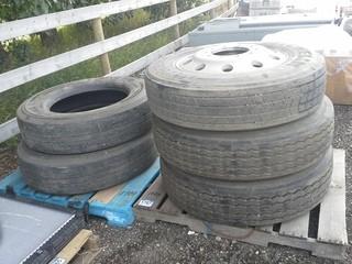 Lot of (3) Industrial Tires 275/80R24.5 W/Rims, (2) 11R24.5 Without Rims. 