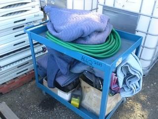 Assorted Blankets, Metal Table on Wheels, Garden Hose, Etc. 