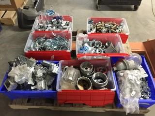 Pallet of Assorted Electrical Supplies, EMT Parts, Cobra Pipe Clamps, Conduit Nipples, Etc.