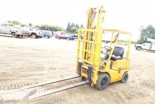 Mitsubishi 15 Forklift FG 14 C/W 4 Cyl, 2 Speed Front and Rear, Canopy, 72" Low Profile Forks, Side Shift, Two Stage Mast, Max Reach 4000MM, 6.50-10 Front Tires, 5.00-8 Rears, Showing 5,377 HRS. SN F202075, BRAKES ARE NOT WORKING