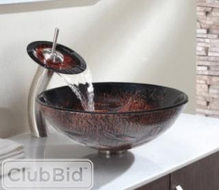 Kraus C-GV-710-12mm-10SN Bathroom Combo - 16-1/2" Lava Glass Vessel Bathroom Sink with Vessel Faucet, Pop-Up Drain, and Mounting Ring