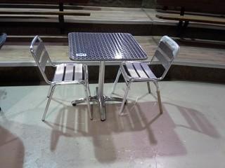 Brushed Aluminum Finish Patio Table C/W (2) Chairs. 