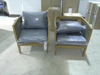 Lot of (2) New Wood Finished Metal & Wicker Patio Lounge Chairs. 