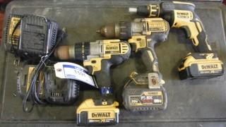 Dewalt (1) Cordless Drywall Screw Driver, (1)- Cordless Hammer Drill, (1)Cordless Drill c/w 4 batteries and 2 chargers