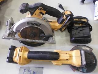 Dewalt (1) Cordless Grinder, (1)- Cordless Skill Saw, 20V c/w 3 batteries and 1 charger