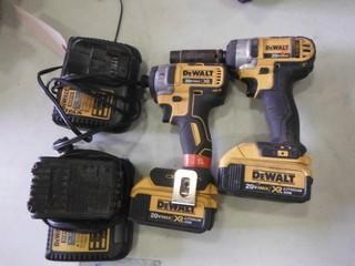 Dewalt (1) Cordless Impact Driver, (1) Impact Wrench 20V c/w 3 batteries and 2 chargers