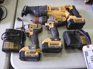 Dewalt (1) Cordless Reciprocating Saw,  (1) Cordless Impact Driver, (1) Cordless Drill 20V c/w 3 batteries and 2 chargers