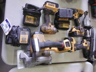 Dewalt (1) Cordless Drill, (1)- Cordless Drill/ Shear Attachment, (1) Cordless Impact Driver (1) Skill Saw 20V c/w 5 batteries and 3 chargers