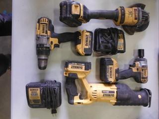 Dewalt (1) Cordless Reciprocating Saw,  (1) Cordless Impact Wrench, (1) Cordless Drill, (1) Cordless Grinder  20V c/w 3 batteries and 2 chargers