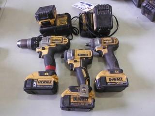 Dewalt (1)-1/2" Cordless Drill, (1)- Cordless Impact Wrench, (1) Cordless Impact Driver  c/w 5 batteries and 3 chargers