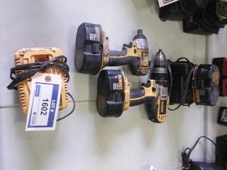 Dewalt (1) Cordless Impact Wrench, (1) Cordless Drill, 18V c/w 3 batteries and 2 chargers