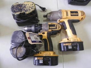 Dewalt (1) Cordless Impact Wrench, (1) Cordless Drill, 18V c/w 4 batteries and 2 chargers